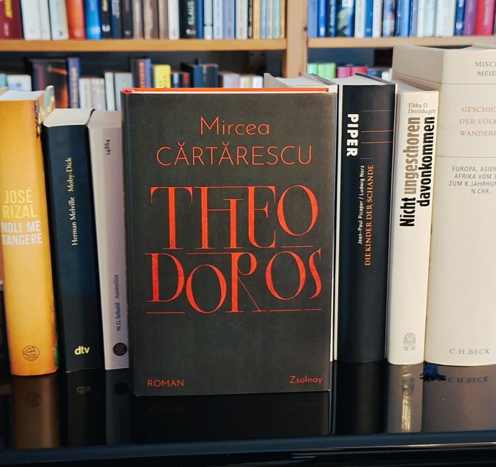 Auf einem Klavier steht eine Auswahl an Büchern in verschiedenen Farben und Größen. Im Vordergrund steht das Buch 'Theo Doros' von Mircea Cărtărescu, das in schwarzem Einband mit auffälliger roter Schrift gestaltet ist. Daneben sind weitere Bücher wie 'Noli me tangere' von José Rizal und 'Die Kinder der Schande' von Jean-Paul Picaper und Ludwig Norz zu sehen.